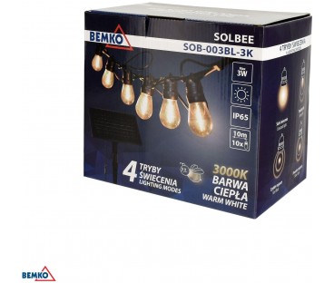SOLARNA GIRLANDA OGRODOWA LED BEMKO SOLBEE 3W 3000K 10SZT 10M IP65 CZARNA C83-SOB-003BL-3K