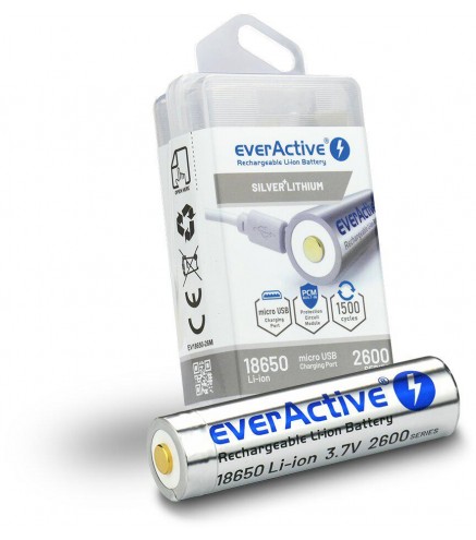 Akumulator 18650 Li-Ion 3,7V everActive 2600mAh (1 szt.) micro-USB z zabezpieczeniem
