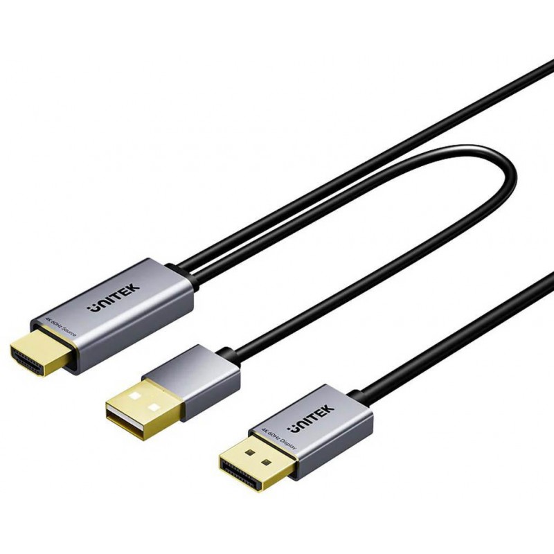 Unitek Kabel HDMI do DisplayPort 4K z zasilaniem USB-A | 4K@60Hz | HDR | 1,8 m