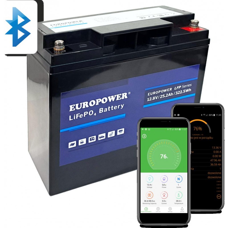 Akumulator LiFePO4 EUROPOWER serii LFP 12,8V 25,2Ah Bluetooth (Żywotność ~2000 cykli)