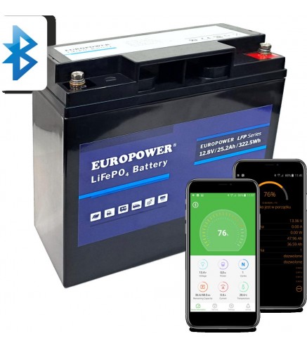 Akumulator LiFePO4 EUROPOWER serii LFP 12,8V 25,2Ah Bluetooth (Żywotność ~2000 cykli)