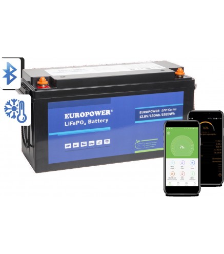Akumulator LiFePO4 EUROPOWER serii LFP 12,8V 150Ah Bluetooth, mata grzewcza (Żywotność ~2000 cykli)