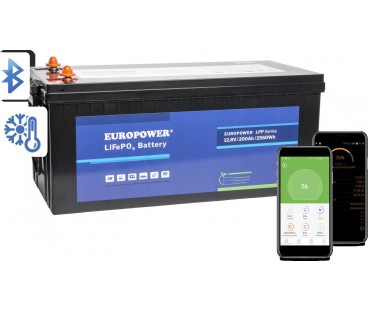 Akumulator LiFePO4 EUROPOWER serii LFP 12,8V 200Ah Bluetooth, mata grzewcza (Żywotność ~2000 cykli)