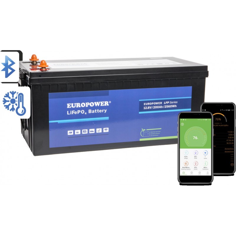 Akumulator LiFePO4 EUROPOWER serii LFP 12,8V 200Ah Bluetooth, mata grzewcza (Żywotność ~2000 cykli)