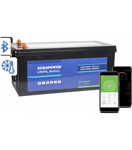 Akumulator LiFePO4 EUROPOWER serii LFP 12,8V 200Ah Bluetooth, mata grzewcza (Żywotność ~2000 cykli)