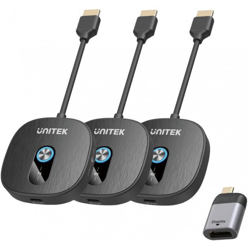 Unitek Bezprzewodowy transmiter HDMI 1080p, 1 nadajnik + 2 odbiorniki, czarny