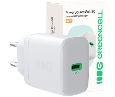 ŁADOWARKA SIECIOWA Greencell PowerSource Solo30 30W 1xUSB-C PD 3.0 QC 4.0+ biała