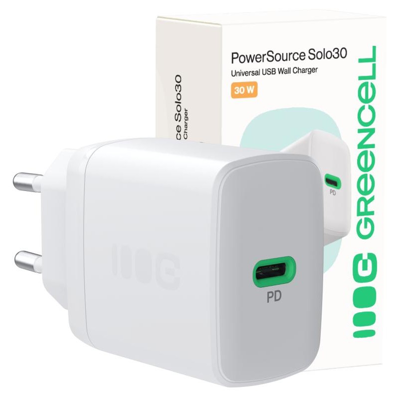 ŁADOWARKA SIECIOWA Greencell PowerSource Solo30 30W 1xUSB-C PD 3.0 QC 4.0+ biała