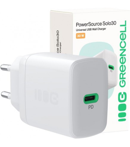 ŁADOWARKA SIECIOWA Greencell PowerSource Solo30 30W 1xUSB-C PD 3.0 QC 4.0+ biała