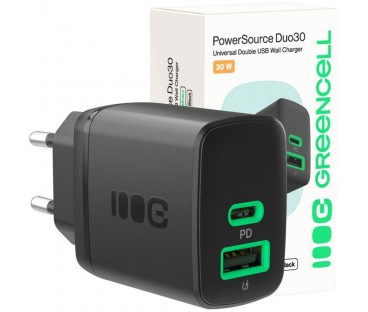 ŁADOWARKA SIECIOWA Greencell PowerSource Duo30 30W 1xUSB-C 1xUSB-A PD 3.0 QC 4.0+ czarna