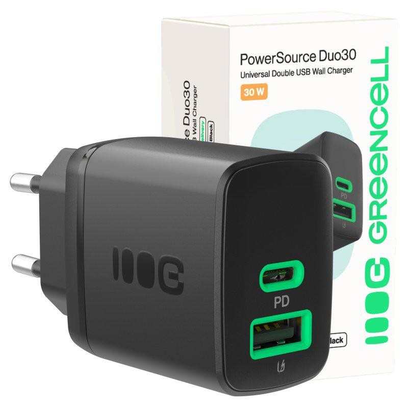 ŁADOWARKA SIECIOWA Greencell PowerSource Duo30 30W 1xUSB-C 1xUSB-A PD 3.0 QC 4.0+ czarna