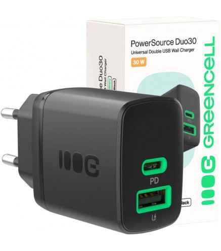 ŁADOWARKA SIECIOWA Greencell PowerSource Duo30 30W 1xUSB-C 1xUSB-A PD 3.0 QC 4.0+ czarna