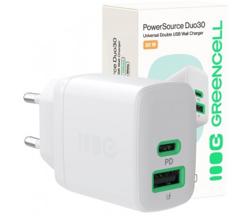 ŁADOWARKA SIECIOWA Greencell PowerSource Duo30 30W 1xUSB-C 1xUSB-A PD 3.0 QC 4.0+ biała
