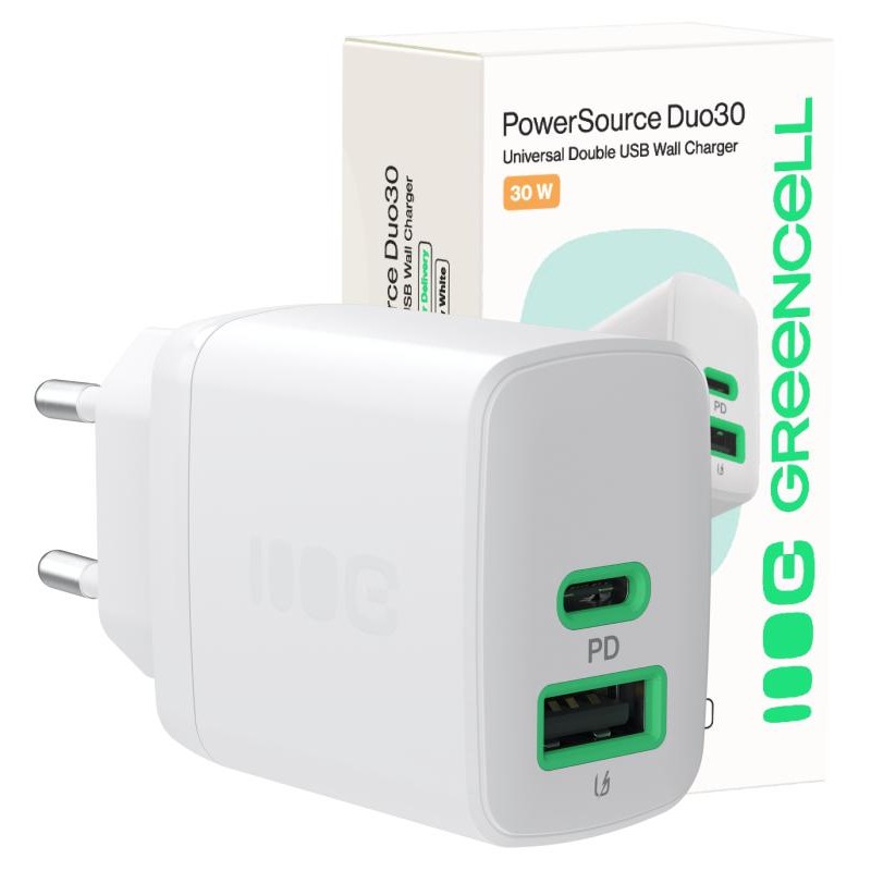 ŁADOWARKA SIECIOWA Greencell PowerSource Duo30 30W 1xUSB-C 1xUSB-A PD 3.0 QC 4.0+ biała