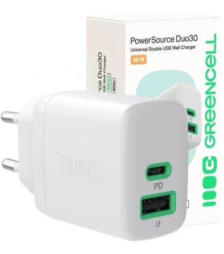 ŁADOWARKA SIECIOWA Greencell PowerSource Duo30 30W 1xUSB-C 1xUSB-A PD 3.0 QC 4.0+ biała