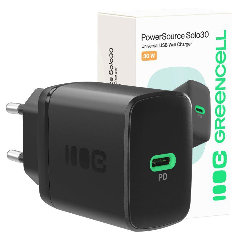 ŁADOWARKA SIECIOWA Greencell PowerSource Solo30 30W 1xUSB-C PD 3.0 QC 4.0+ czarna