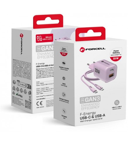 ŁADOWARKA SIECIOWA Forcell F-Energy GaN III VT-41 33 W 1x USB-C 1x USB-A PD 3.0 QC 4.0 FIOLETOWA