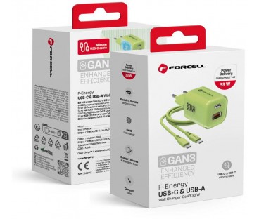 ŁADOWARKA SIECIOWA Forcell F-Energy GaN III VT-41 33 W 1x USB-C 1x USB-A PD 3.0 QC 4.0 ZIELONA