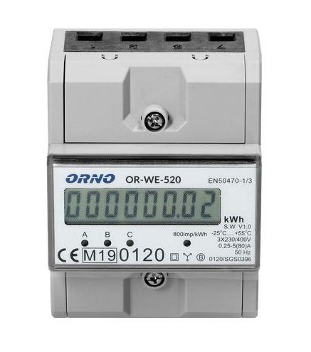 Or-We-520 Orno 3-Fazowy Licznik Energii Elektrycznej, 80A, Mid, 3 Moduły, Din Th-35Mm