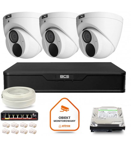 Zestaw Monitoringu Ip Bcs Point 3X Kamera Bcs-P-Eip28Fwr3-Ai2 Rejestrator Z Dyskiem 1Tb
