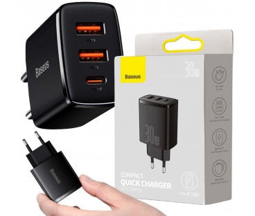Ładowarka Sieciowa Baseus Compact Quick Charger Ccxj-E01 30W 2X Usb-A 1X Usb-C Pd 3.0 Qc 3.0 Czarna