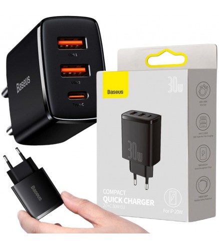 Ładowarka Sieciowa Baseus Compact Quick Charger Ccxj-E01 30W 2X Usb-A 1X Usb-C Pd 3.0 Qc 3.0 Czarna